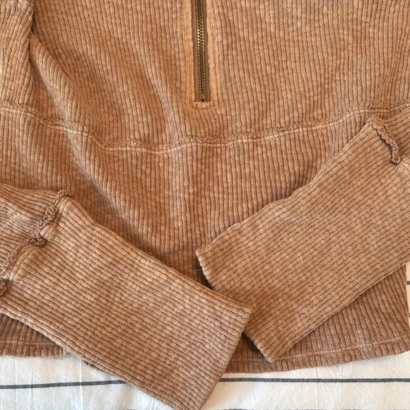Free People Tan Ribbed Quarter-Zip Pullover - Picture 2 of 3